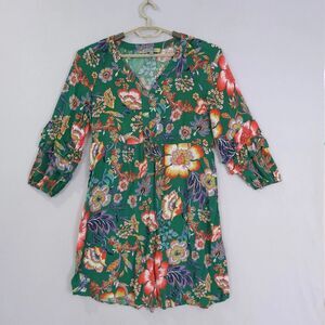 Fig & Flower Mini Dress Large Embroidered Floral long Ruffled Sleeve Boho V-Neck